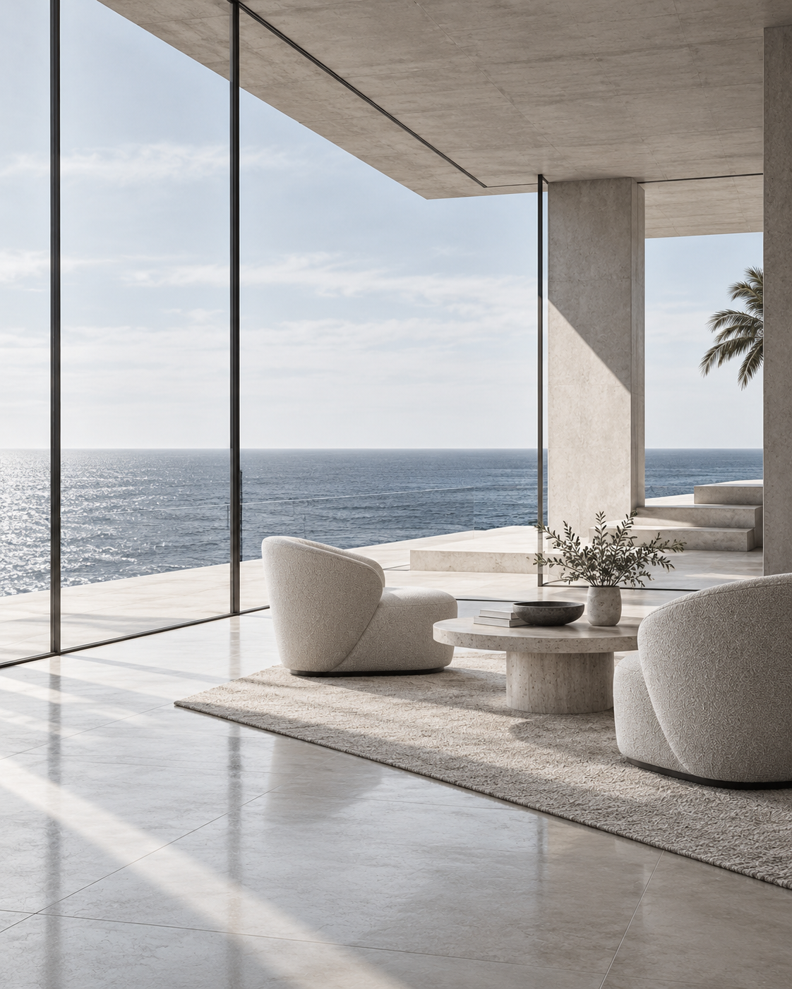 Arquitectura contemporánea de piedra y cristal con vistas al océano, imagen ilustrativa