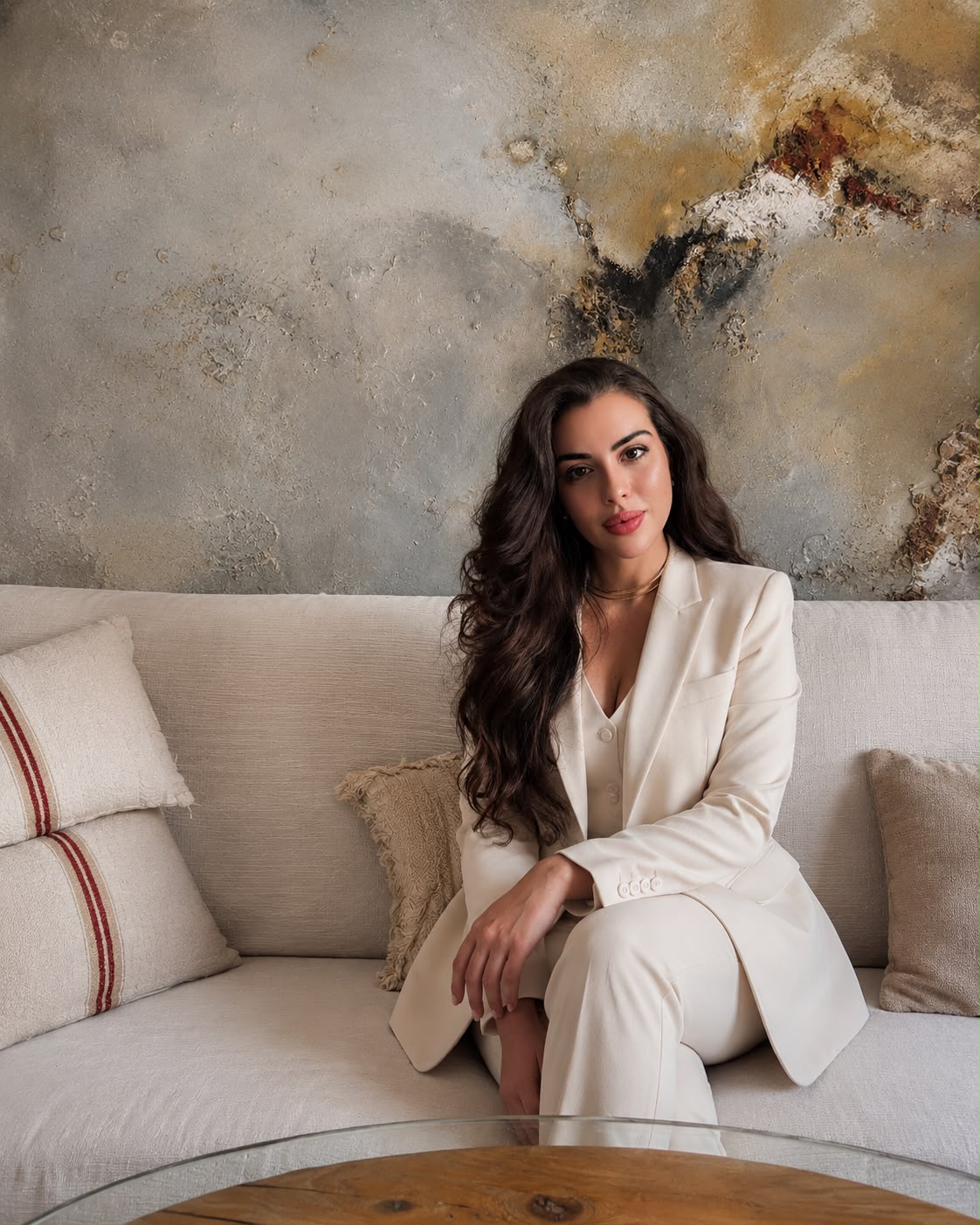 Laura Stendhal, fotografía original en color sentada en un sofá con traje marfil